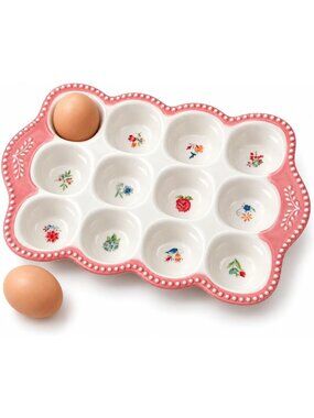 12-Cup Pink Floral Ceramic Egg Holder Tray with Handles - Decorative Kitchen